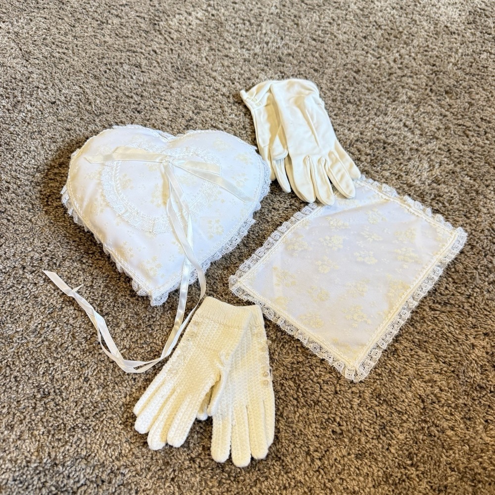 Vintage 1970s Ring Bearer Pillow Flower Girl Gloves Heart Yellow Wedding Set